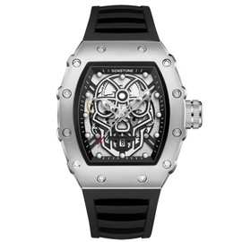 senstone Mens Watches Retro Punk Skull Tonneau Design Analog Unique Skeleton Sports Quartz Wrist Watch Gift for Men with Luminous Rubber Strap Silicone Band - Silver
