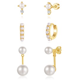 QUINBY 3 Pairs Pearl Earring Set for Women, 14K Real Gold Plated Hypoallergenic Studs & Hoop, Elegant Bridal Jewelry for Weddings, Anniversaries, and Gifts