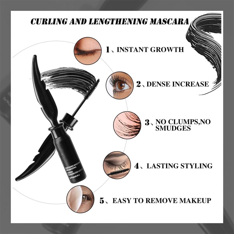 Black feather Mascara, Lengthening and Thick, Long Lasting, Waterproof, Smudge-Proof