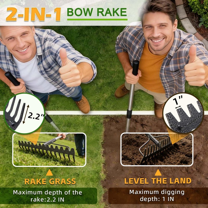 Bow Rake , 2-in-1 77in Metal Garden Lawn Rake for