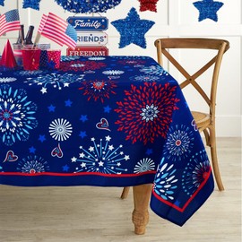 4th of July Tablecloth Patriotic Decorations Red White and Blue Print Fireworks Memorial Day Backed Table Cloth American Flag Indoor/Outdoor/Pool/Party (Oblong/Rectangle)