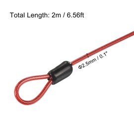 PATIKIL Security Steel Cable 2.5mm x 2m/6.56ft Coated Luggage Lock Wire Rope with Double Loop Red