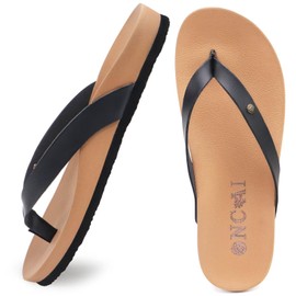ONCAI Womens Flip Flops For Women Comfortable Leather Strap Yoga Mat Non-Slip Women's Thong Sandal Casual Summer Beach Slippers With Arch Support Khaki/Black Size 8.5