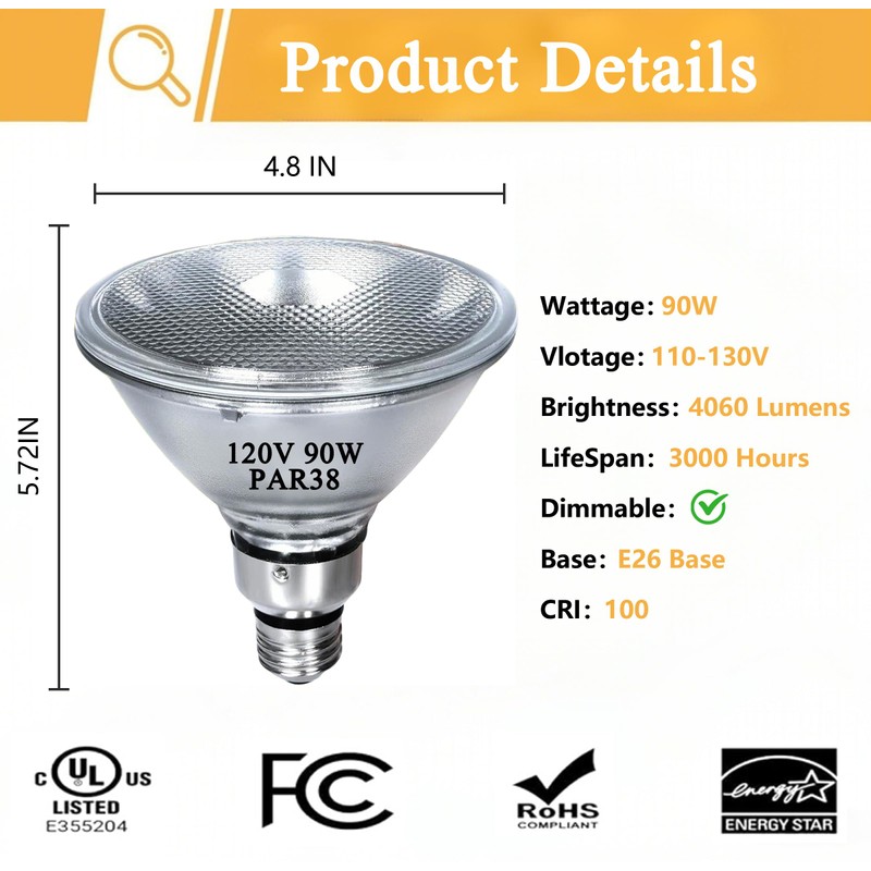 MISDOOD Par38 Halogen Flood Light Bulb 120V 90W, Dimmable PAR38