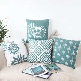 NIULAA Aqua Green Cushion Covers 40cm x 40cm Set of 4 Velvet Quotes Cushion Cover 16 x 16 Modern Square Geometric Pillow Cases Home Decor Cushions for Sofa Bed Garden