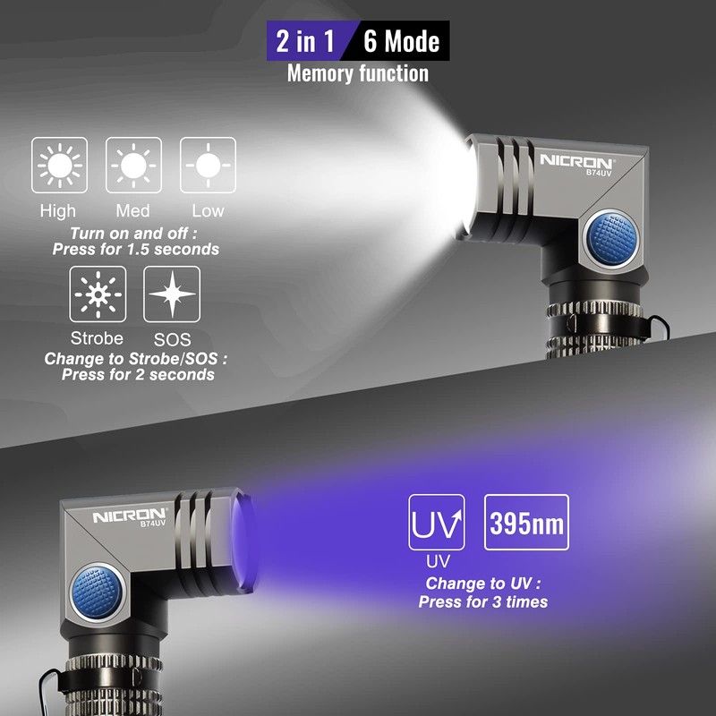 NICRON B74U Blacklight Torch 395nm UV Ultraviolet 90 Degree Adjustable-Head,