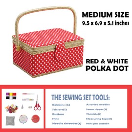Medium Sewing Box with Kit Accessories Sewing Basket Organizer with Supplies DIY Sewing Kits for Adults, Red Polka Dots