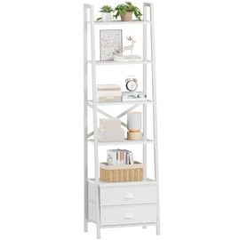 Furologee 5-Tier Ladder Shelf with 2 Drawers,Narrow Bookshelf Storage Shelves,Industrial Bookcase Freestanding Rack Units for Bedroom,Living Room,Bathroom,Home Office,Balcony,Wood Metal, White