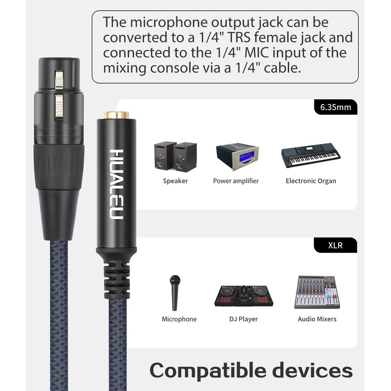 HUALEU 2Pack XLR to 1/4 Cable,Balanced 3 Pin XLR Female