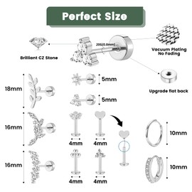 Ackbun 19Pcs Silver Plated Stainless Steel Earring Set for Women Hypoallergenic Flat Back Studs & Hoop Earrings CZ Diamond flower heart sun leaf designs Lightweight Gift Box for Daily Party Jewelry