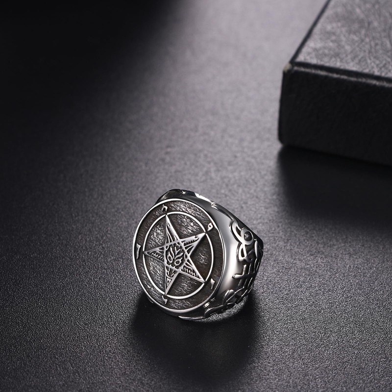 JewelryWe Men's Pentagram Ring: Sulfur Satan Demon Devil Symbol Baphomet