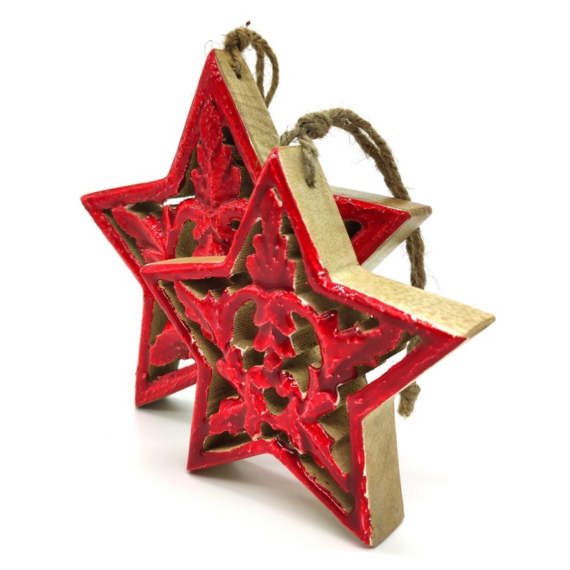 DARO DEKO Wooden Star Hanger with Cord Red Brown 14