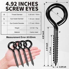 ZAUGONTW 5 Inch Eye Hooks, Large Eye Bolts Screw in Hooks Carbon Steel, 10 Pcs Heavy Duty Black Large Screw Hook for Wood Securing Cables Wire, Heavy-Duty Applications