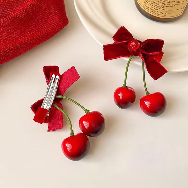 6 Pcs Cherry Hair Accessories Red Bow Rhinestone Hair Clip