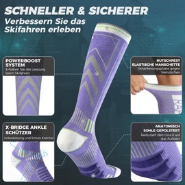 Rahhint Merino Wool Compression Ski Socks for Men, Women and Teenagers, Thermal Winter Socks, Hiking Socks with Padding, Knee Socks, Size 35-51, (2 Pairs), purple
