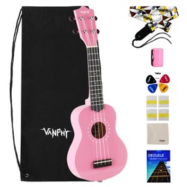 VANPHY Soprano Ukulele for Beginner Kids with Gig Bag 21 Inch Uke for Starter Hawaiian Soprano Ukelele Polishing Adults Basswood 21 Inch uke bundle with Strap Picks Songbook Cleaning Cloth (Pink)
