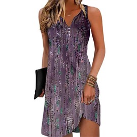 V-Neck Floral Printed Summer A-Line Elegant Dresses Womens Vintage Sleeveless Beach Sundress Ladies Casual Loose Boho Dress