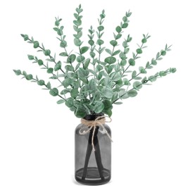 Der Rose 14.5 In Fake Plants Eucalyptus in Black Glassvase for Table Decor