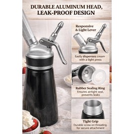 Whipped Cream Dispenser–Double Wall Insulated Aluminum Water Bottle with Stainless Steel 3 Nozzles, Extra-Large Capacity Whipping Cream Maker for Desserts, Coffee, Cocktails More-1000ml-White