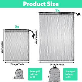 Grevosea 4 Pcs Mesh Bags with Drawstring, Nylon Mesh Golf Ball Bag Golf Storage Pouch Sports Equipment Organizer Sack for Collecting Half Balls Tennis Beach Travel Accessories (2 Sizes)