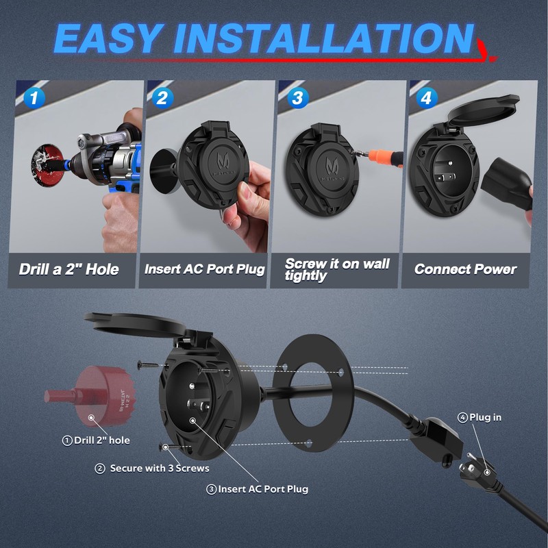 MICTUNING 10A-15A AC Port Plug, 125V Power Inlet Socket with