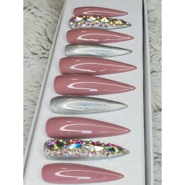 nailed by Rachel Extra long nude Pink holographic bling press on nails full Holo xl stiletto