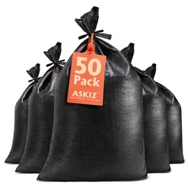 ASKIZ Heavy Duty Sand Bags With Tie Strings - 1600 Hours UV Protection, Polypropylene, 16" x 25.5" - Ultra Tough Sandbags for Hurricane Flooding (Black, 50 Bags)