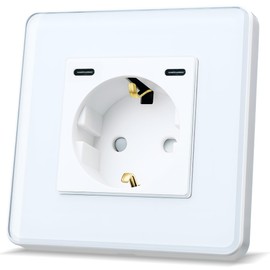 TAWOIA Schuko Socket with 20 W (Max 4 A) Type C Quick Charging Interface, EU Standard 1 Way Flush-Mounted with 2.5D Curved Glass Plate, Wall Socket, White, 86 x 86 mm