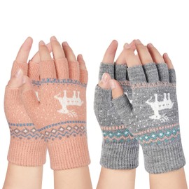 Kiiwah 2 Pairs of Fingerless Gloves, Winter Knitted Half Finger Gloves, Arm Warmers, Finger Gloves, Without Fingertips, Knitted Gloves, Pink, grey