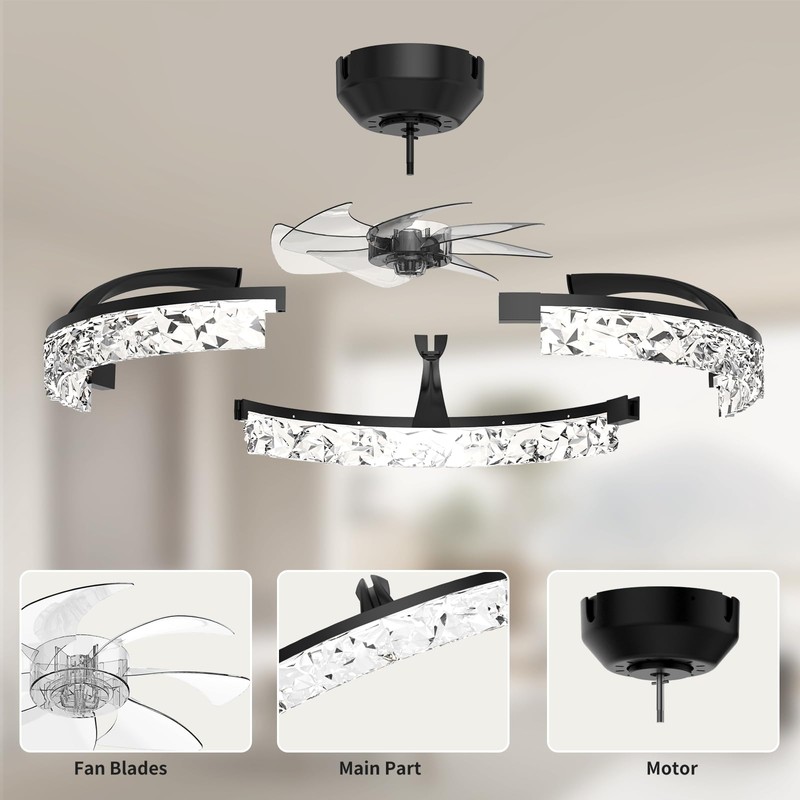 Aphyni Ceiling Fans with Lights and Remote, Crystal-Edged Modern Flush
