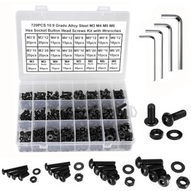 HanTof 720Pcs Grade 10.9 Alloy Steel M3 M4 M5 M6 Button Head Hex Socket Cap Screws,Allen Head Intnal Hex Machine Screws Bolts,Nuts and Washers Assortment Set with 4 Hex Wrenches,Fully Threaded (Black)