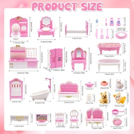 36Pcs Dollhouse Furniture Set,Miniature 1:12 Scale Dolls House Accessories with Cat,Dog,Kitchen, Dining Room, Living Room,Bedroom for Children Kids Girls Playhouse Toy (Pink)