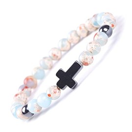 Cross Beaded Bracelet Natural Stone Stretch Prayer Bracelet Anti Depression Anxiety Gifts, Stone, no gemstone