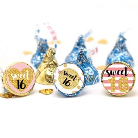 Sweet 16 Kisses Stickers, 16th Birthday Party Round Candy Sticker Favors, Pink Sweet 16th Birthday or Anniversary, Happy 16th Birthday Decorations, 180 Count