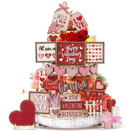 Moucuny 24 Pcs Valentine's Day Tiered Tray Decor Set Farmhouse Wood Valentine Table Decor Valentines Love Heart XOXO Wooden Signs for Home Valentines Day Decorations(Fresh Style)