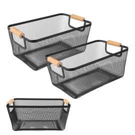 2Pack Metal Mesh Steel Basket with Bamboo Handle - Wire Metal Basket for Kitchen Organization, 12" Wide Food Organizer Bin, Perfect for Organizing Bulk Pantry (BLACK)