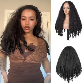 Ninroc Afro Curly V Part Wig & Curly Afro Half Wig - Glueless Synthetic Wigs for Black Women, 4C Hair Friendly, Wear & Go Style for Lazy Days & Quick Transformation (Black, 24in)