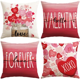 Valentine's Day Love Forever Throw Pillow Covers 20x20 Inch Set of 4, Valentine Wedding Red Pink Love Heart Decoration Pillow Cases for Home Sofa Couch