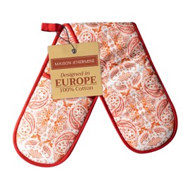 Maison d' Hermine Double Cooking Gloves 100% Cotton Heat Resistant 7 Inch x 35 Inch Double Oven Mitt with Loop, Handling Hot Pans, Microwave, Orient - Thanksgiving/Christmas