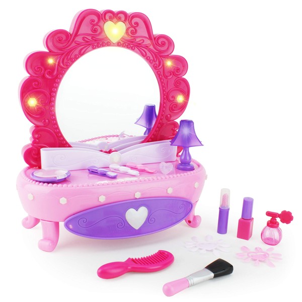 Boley Fashion Vanity Mirror - 38 Piece Play Set with Pretend Makeup for Little Girls, Table with Light-Up Musical Mirror, Fake Cosmetics Kit, Hair Accessories, and More! for Little Kids and Toddlers