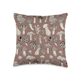 Cute Mushroom Botanical Designs Mushroom Pattern Botanical Nature Chocolate Mocha Brown Throw Pillow, 16x16, Multicolor