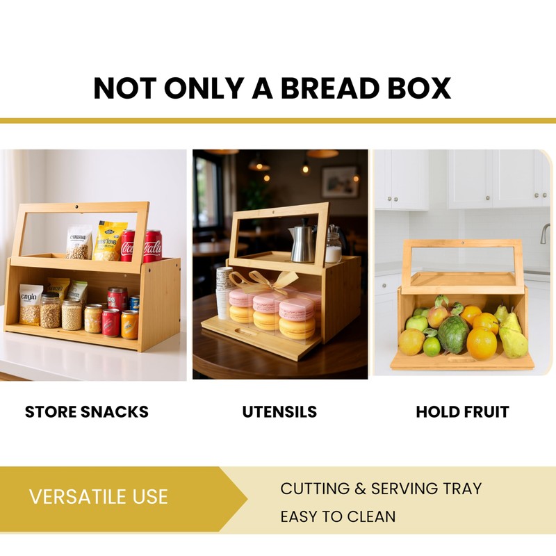 KuraHouse Bamboo Bread Box with Sliding Lid – Large Bread