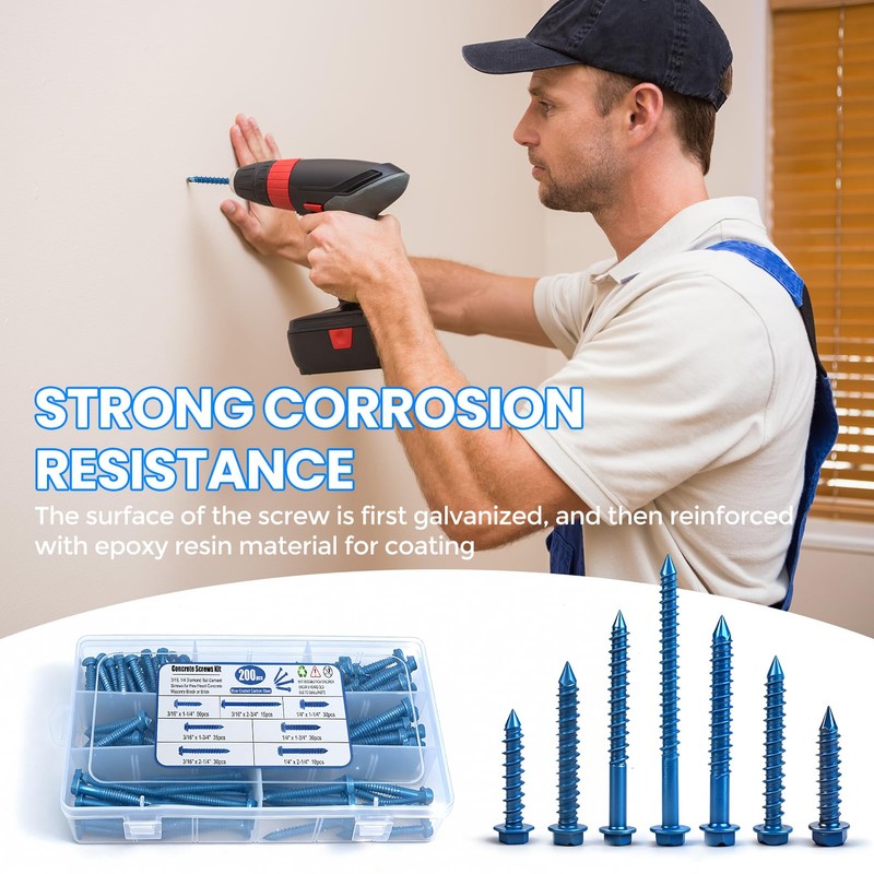 200PCS Concrete Screws, 3/16" 1/4" Masonry Screws with Drill Bit