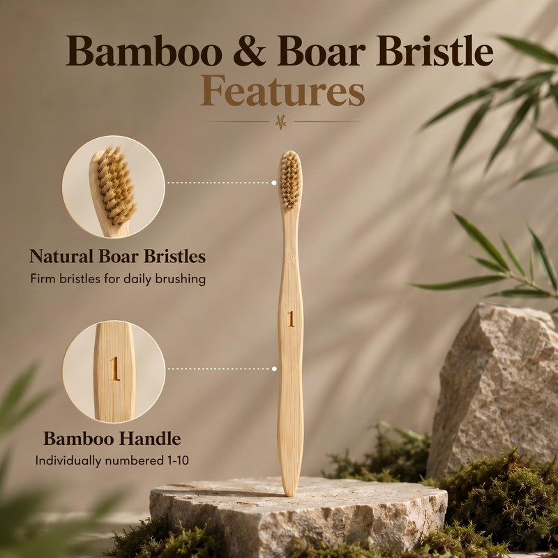 TIKITAKA FTG Boar Bristle Bamboo Toothbrush 10 Pack Plastic Free