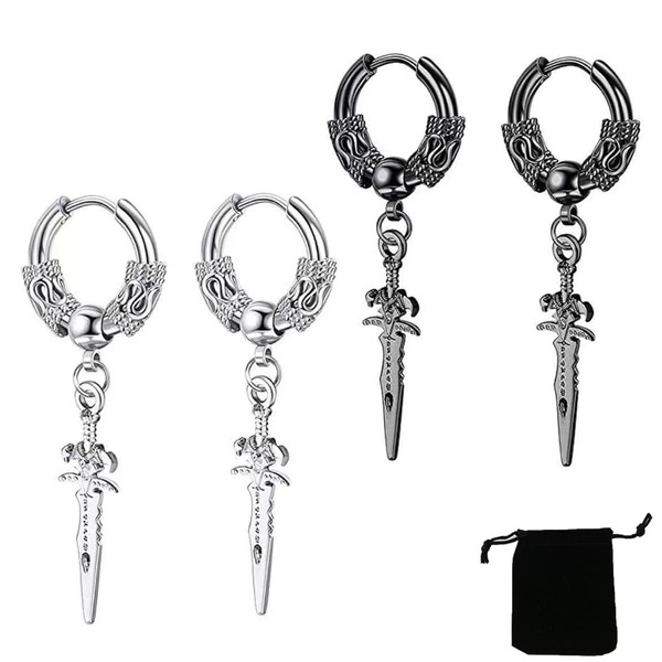 ZXUSHE Earrings for men, earrings for women, dragon pattern titanium steel earrings, men's cross sword pendant earrings (2 pairs)