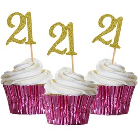 HOKPA 21st Birthday Cupcake Toppers, Gold Glitter Number 21, Adult Ceremony Birthday Celebrating Anniversary Party Decoration (24PCS)