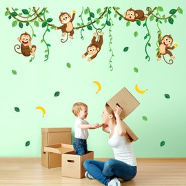 DECOWALL DS9-8053 Monkey Vines Wall Sticker Animals Children Sticker Wall Sticker Peel and Stick Removable for Children's Room Bedroom Living Room Baby Family Leaf Art Decoration Jungle Climbing