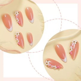 Press on Nails Medium Almond Fake Nails White French Tip False Nails with Design Flower Charms Glue on Nails Nude Acrylic Nails Glossy Full Cover Stick on Nails for Women 24Pcs