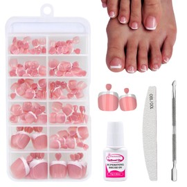 French Tip Fake Toe Nails Kit - 120PCs Nude Pink Short Square False Toenails Set - Acrylic Stick on Toenails with Glue & Nail File - 12 Sizes Full Cover Press On Toes Nails for Women Girls