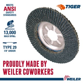 Weiler 50515 Tiger Abrasive Flap Disc, Type 29, Round Hole, Aluminum Backing, Zirconia Alumina, 4-1/2" Dia., 80 Grit